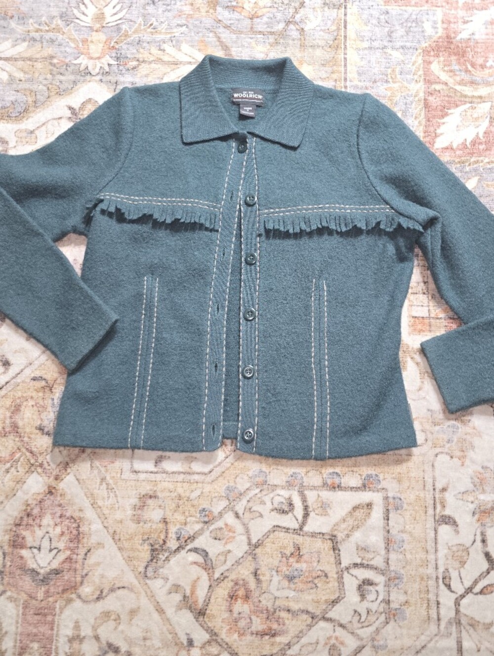Woolrich Teal Button-Front Fringe Detail Jacket